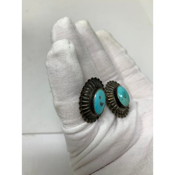Vintage Richard Begay Sterling Silver Turquoise Earring Studs Oval Stamped RB - Picture 3 of 7